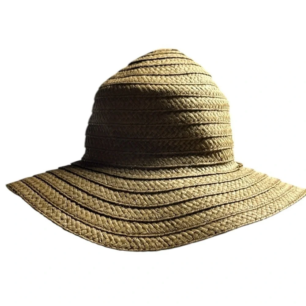Brown Straw Wide Brim Floppy Hat Boho Beach Sun Hat OS
